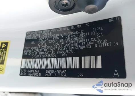 2012 Toyota Highlander Base V6 z USA, uszkodzony, nr VIN 5TDZK3EH8CS082353